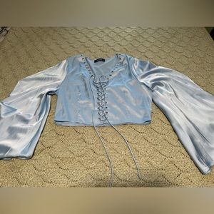 Baby Blue Silky Bell Sleeve Blouse